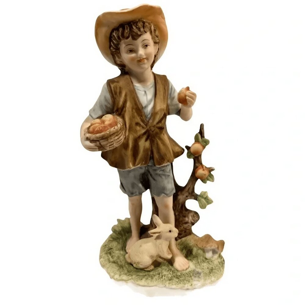Lefton China KW7453 Boy Picking Apples Figurine – Bisque Porcelain, Vintage